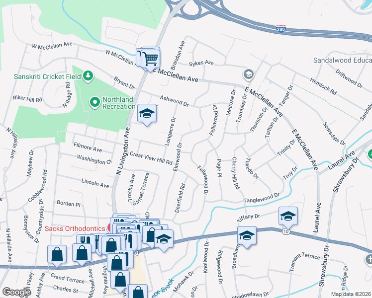 map of restaurants, bars, coffee shops, grocery stores, and more near 56 Elmwood Drive in Livingston