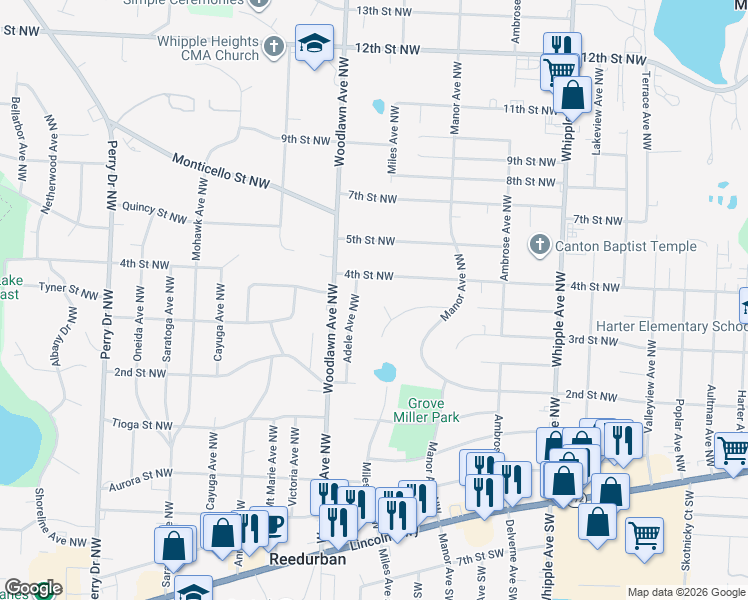 map of restaurants, bars, coffee shops, grocery stores, and more near 328 Lynn Circle Northwest in Canton