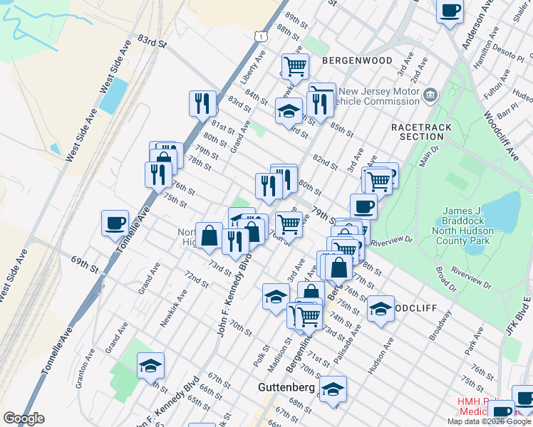 map of restaurants, bars, coffee shops, grocery stores, and more near 7612 Smith Avenue in North Bergen