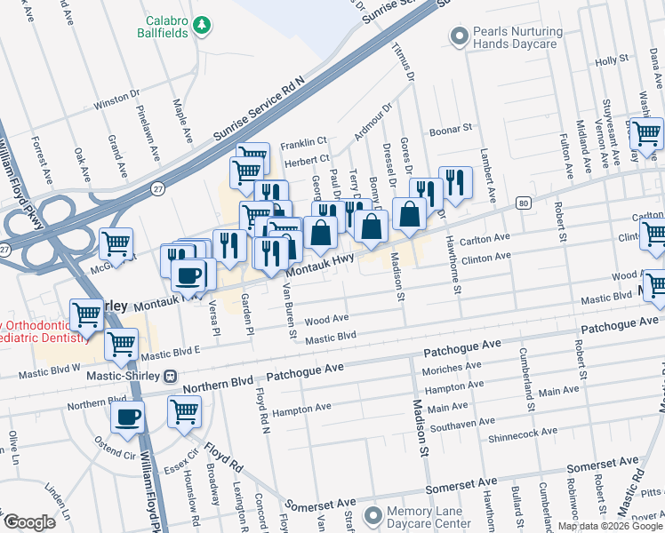 map of restaurants, bars, coffee shops, grocery stores, and more near 1160 County Road 80 in Mastic