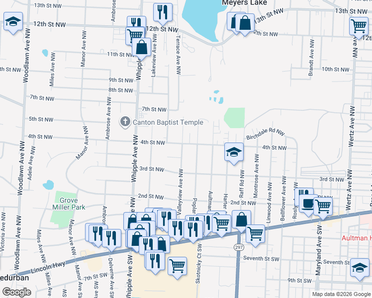 map of restaurants, bars, coffee shops, grocery stores, and more near 354 Valleyview Avenue Northwest in Canton