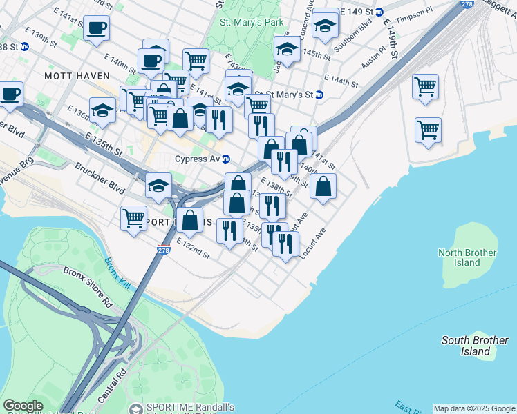 map of restaurants, bars, coffee shops, grocery stores, and more near 815 East 136th Street in The Bronx