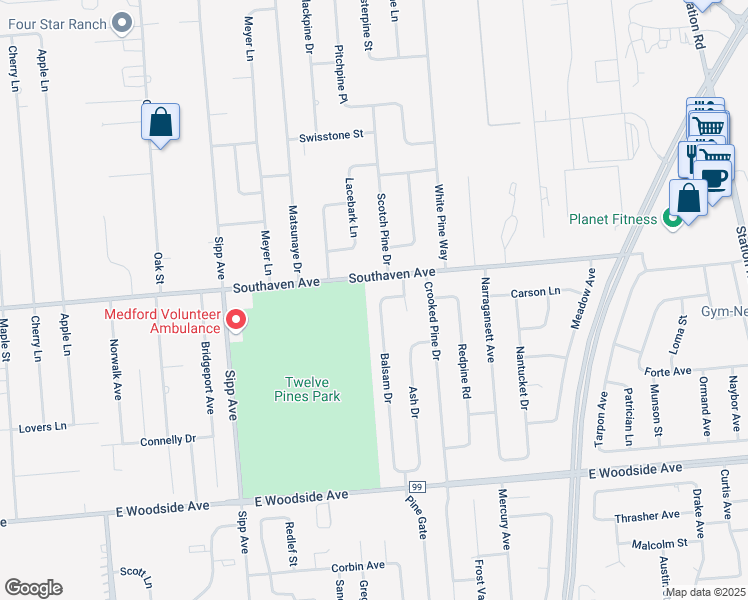 map of restaurants, bars, coffee shops, grocery stores, and more near 52 Balsam Drive in Medford