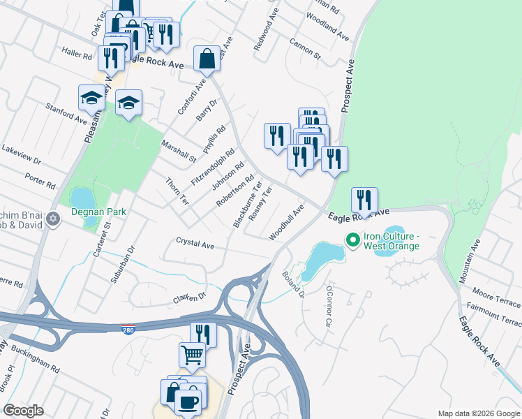 map of restaurants, bars, coffee shops, grocery stores, and more near 14 Rosney Terrace in West Orange
