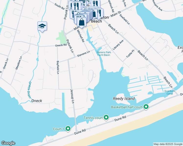 map of restaurants, bars, coffee shops, grocery stores, and more near 42 Old Meadow Bend in Westhampton Beach