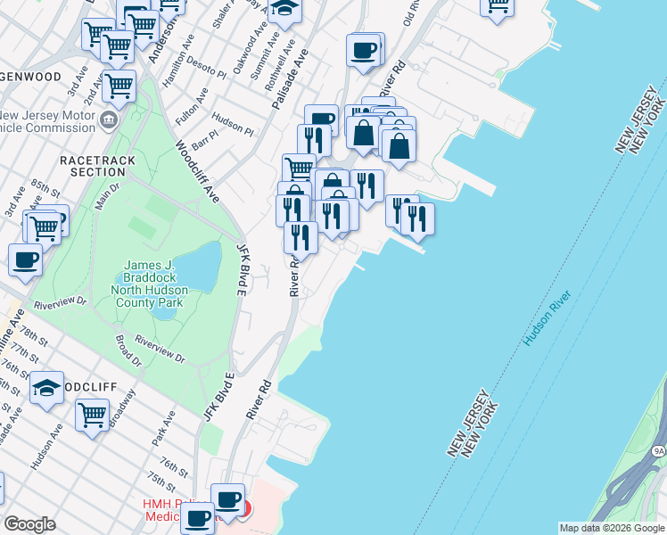 map of restaurants, bars, coffee shops, grocery stores, and more near 45 River Road in Edgewater