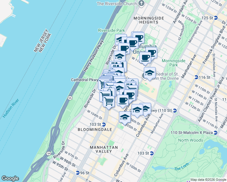 map of restaurants, bars, coffee shops, grocery stores, and more near 244 West 109th Street in New York