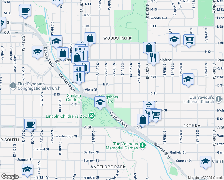 map of restaurants, bars, coffee shops, grocery stores, and more near 1025 S 30th St in Lincoln