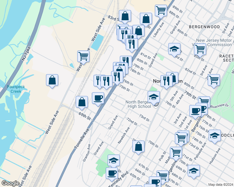 map of restaurants, bars, coffee shops, grocery stores, and more near 1700 74th Street in North Bergen