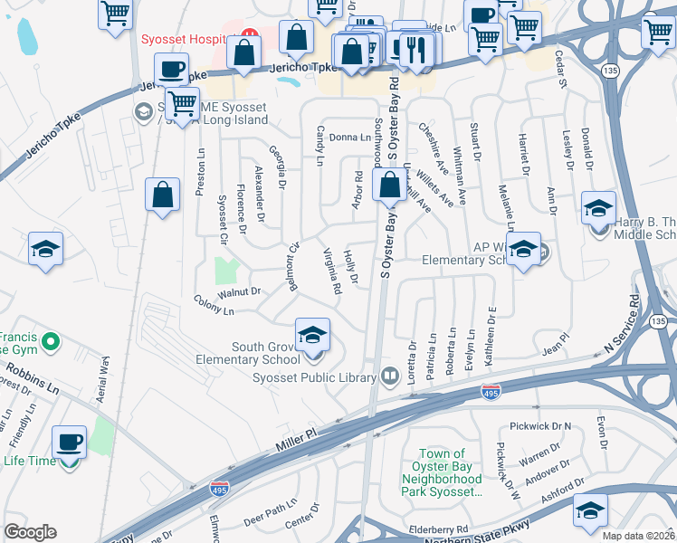 map of restaurants, bars, coffee shops, grocery stores, and more near 2 Griffin Lane in Syosset