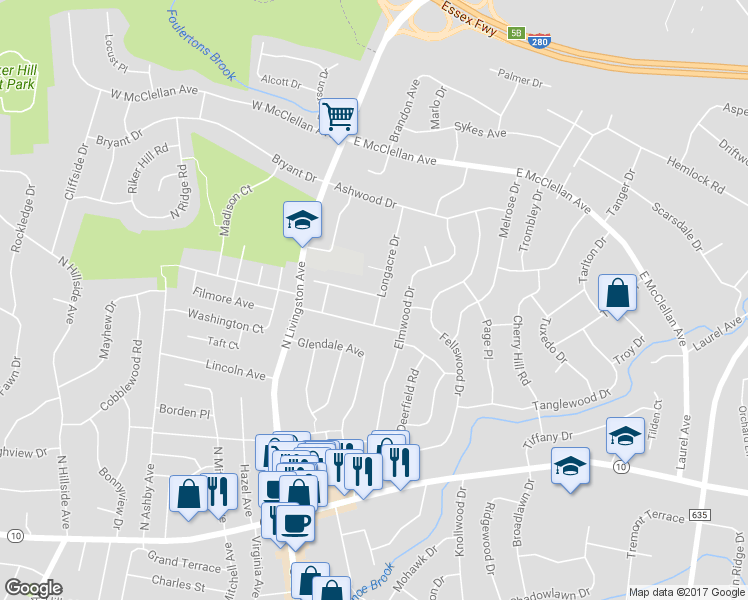 map of restaurants, bars, coffee shops, grocery stores, and more near 9 Longacre Drive in Livingston