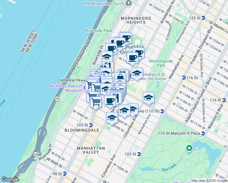 map of restaurants, bars, coffee shops, grocery stores, and more near 215 West 109th Street in New York