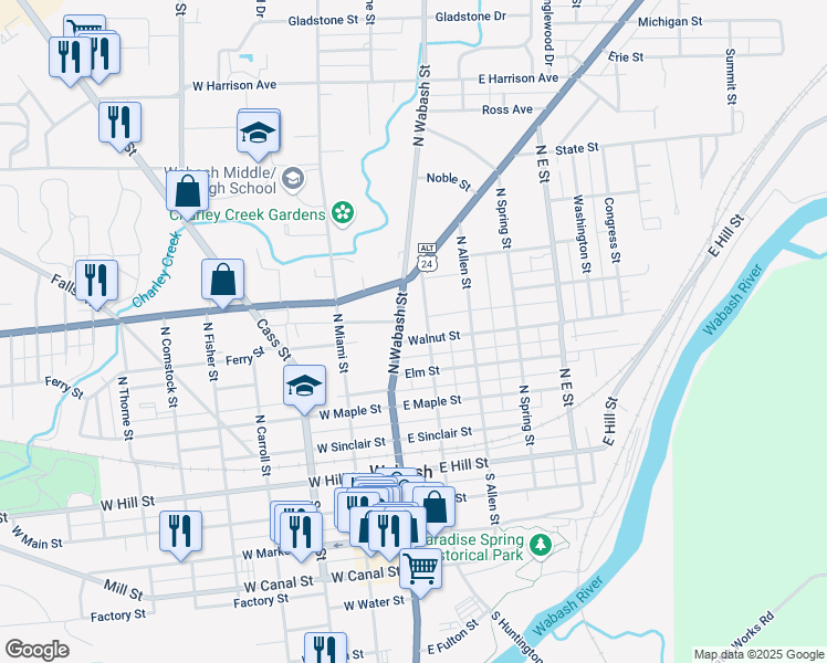 map of restaurants, bars, coffee shops, grocery stores, and more near 425 North Wabash Street in Wabash