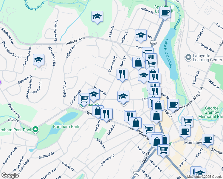 map of restaurants, bars, coffee shops, grocery stores, and more near 53 Mills Street in Morristown