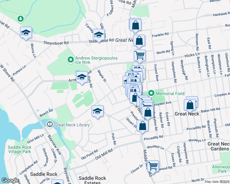 map of restaurants, bars, coffee shops, grocery stores, and more near 26 Beach Road in Great Neck