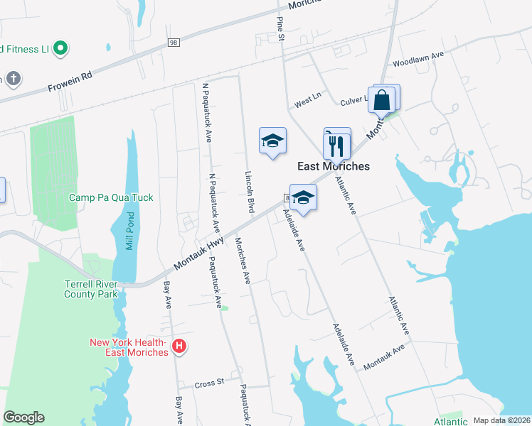 map of restaurants, bars, coffee shops, grocery stores, and more near 532 County Road 80 in East Moriches