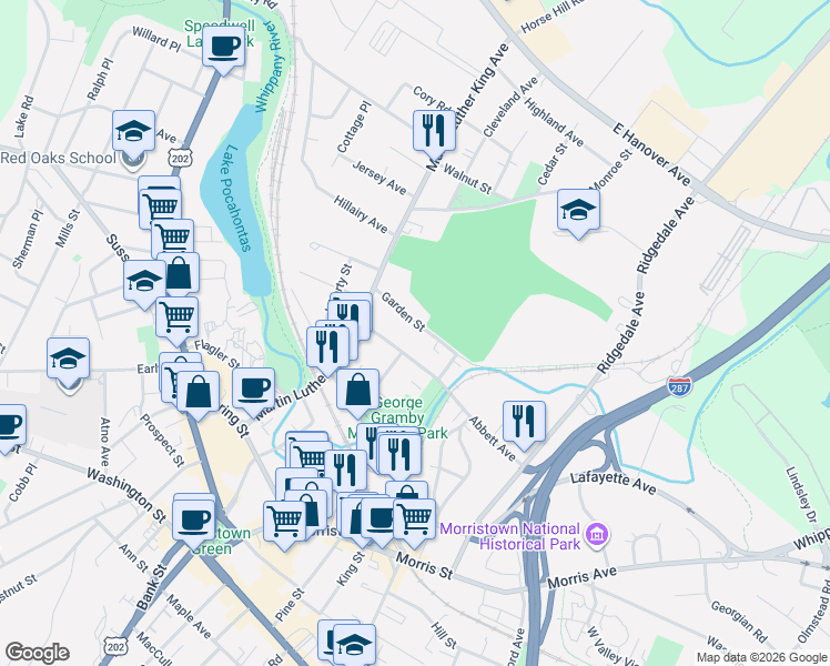 map of restaurants, bars, coffee shops, grocery stores, and more near 29 Garden Street in Morristown