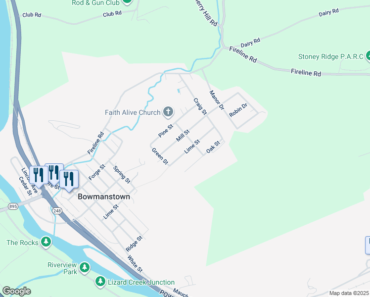 map of restaurants, bars, coffee shops, grocery stores, and more near Lime Street in Lehighton