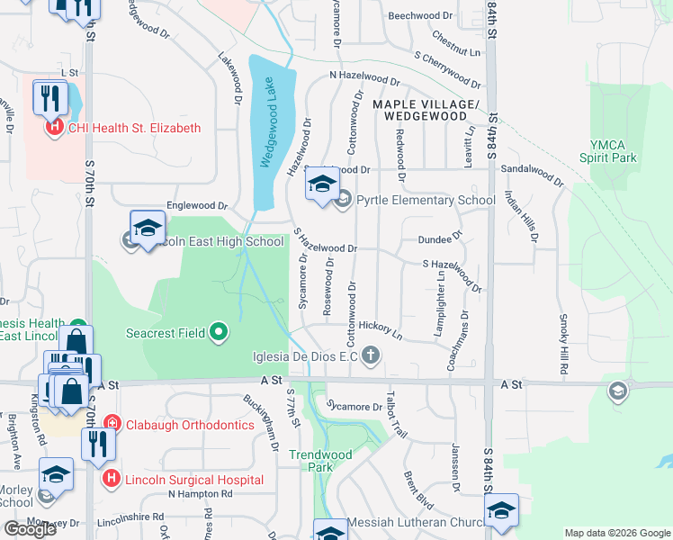 map of restaurants, bars, coffee shops, grocery stores, and more near 920 Rosewood Drive in Lincoln