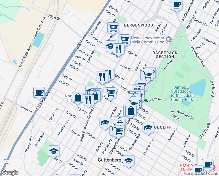 map of restaurants, bars, coffee shops, grocery stores, and more near 7711 5th Avenue in North Bergen