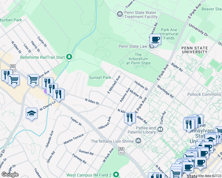 map of restaurants, bars, coffee shops, grocery stores, and more near East Mitchell Avenue in State College