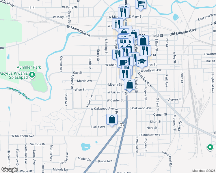 map of restaurants, bars, coffee shops, grocery stores, and more near 560 South Spring Street in Bucyrus