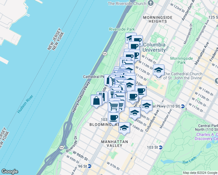 map of restaurants, bars, coffee shops, grocery stores, and more near 351 Riverside Drive in New York