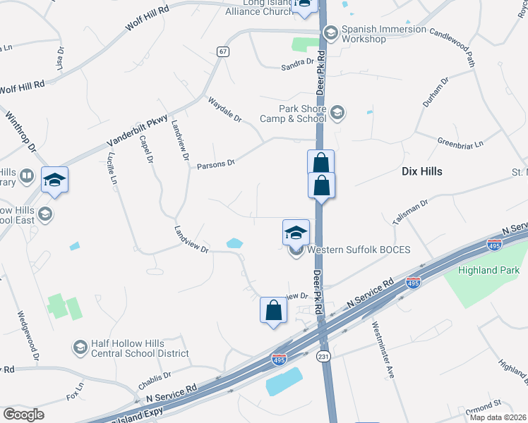 map of restaurants, bars, coffee shops, grocery stores, and more near 13 Tiana Place in Dix Hills