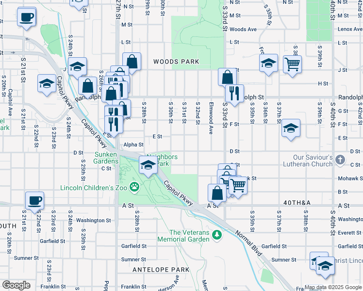 map of restaurants, bars, coffee shops, grocery stores, and more near 1035 South 31st Street in Lincoln