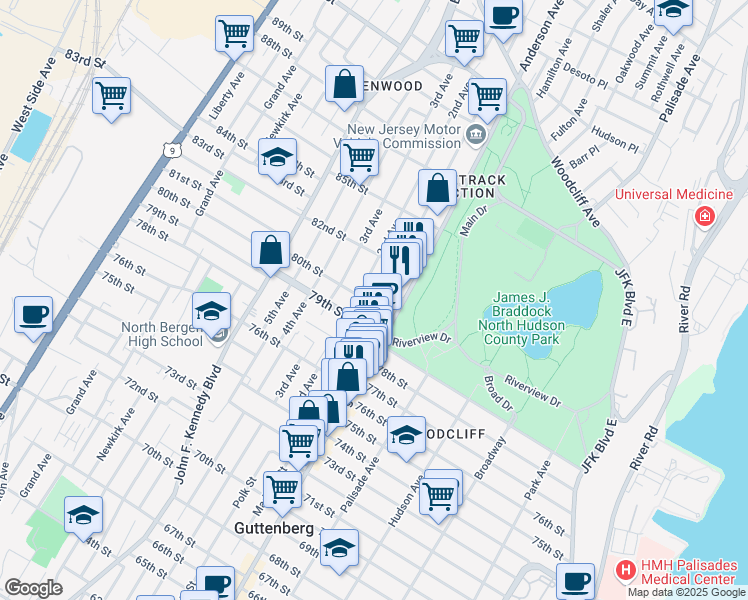 map of restaurants, bars, coffee shops, grocery stores, and more near 600 80th Street in North Bergen