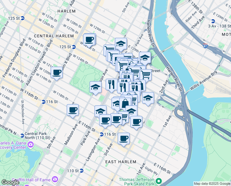 map of restaurants, bars, coffee shops, grocery stores, and more near 113 East 122nd Street in New York