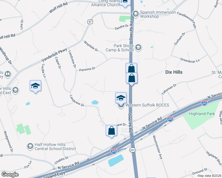 map of restaurants, bars, coffee shops, grocery stores, and more near 13 Tiana Place in Dix Hills