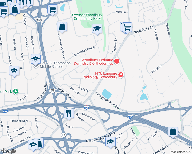 map of restaurants, bars, coffee shops, grocery stores, and more near 1 Joan Court in Woodbury