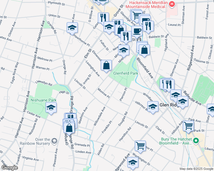 map of restaurants, bars, coffee shops, grocery stores, and more near 115 Maple Avenue in Montclair