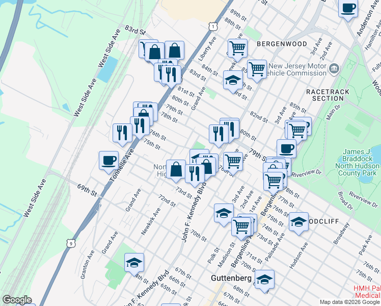 map of restaurants, bars, coffee shops, grocery stores, and more near 1231 76th Street in North Bergen