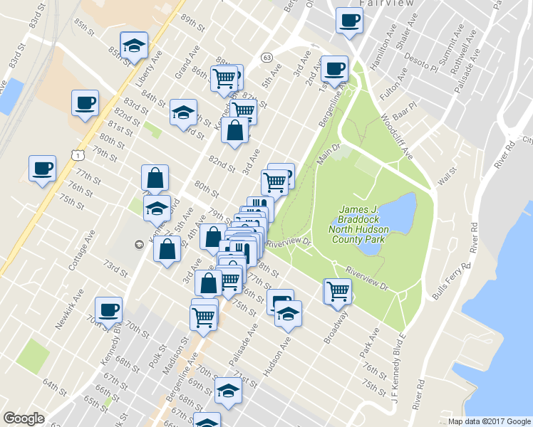 map of restaurants, bars, coffee shops, grocery stores, and more near 509 81st Street in North Bergen