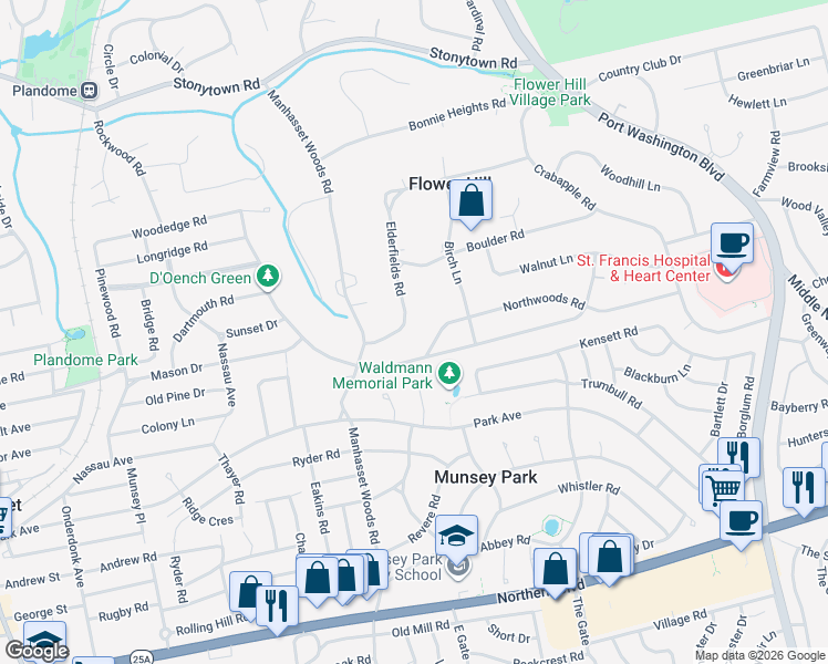 map of restaurants, bars, coffee shops, grocery stores, and more near 44 Elderfields Road in Manhasset