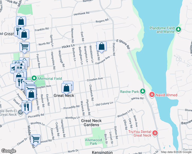 map of restaurants, bars, coffee shops, grocery stores, and more near 2 Wimbleton Lane in Great Neck