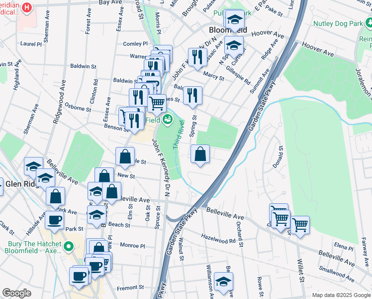 map of restaurants, bars, coffee shops, grocery stores, and more near 67 Spring Street in Bloomfield