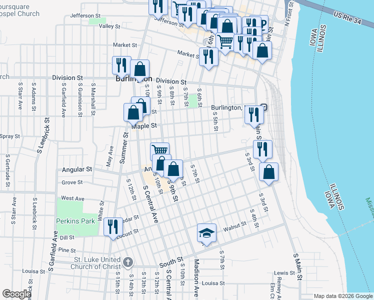 map of restaurants, bars, coffee shops, grocery stores, and more near 529 South 7th Street in Burlington