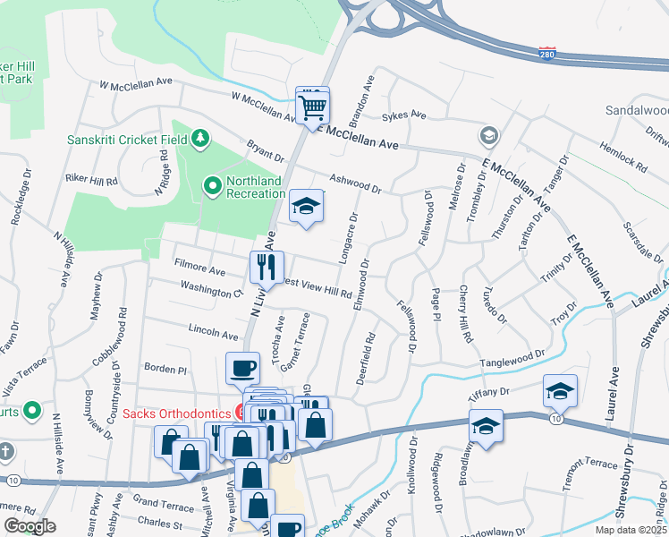map of restaurants, bars, coffee shops, grocery stores, and more near 9 Longacre Drive in Livingston