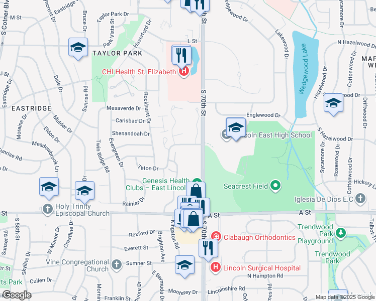 map of restaurants, bars, coffee shops, grocery stores, and more near 1001 South 70th Street in Lincoln