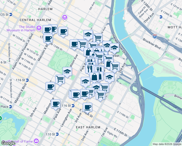 map of restaurants, bars, coffee shops, grocery stores, and more near in New York