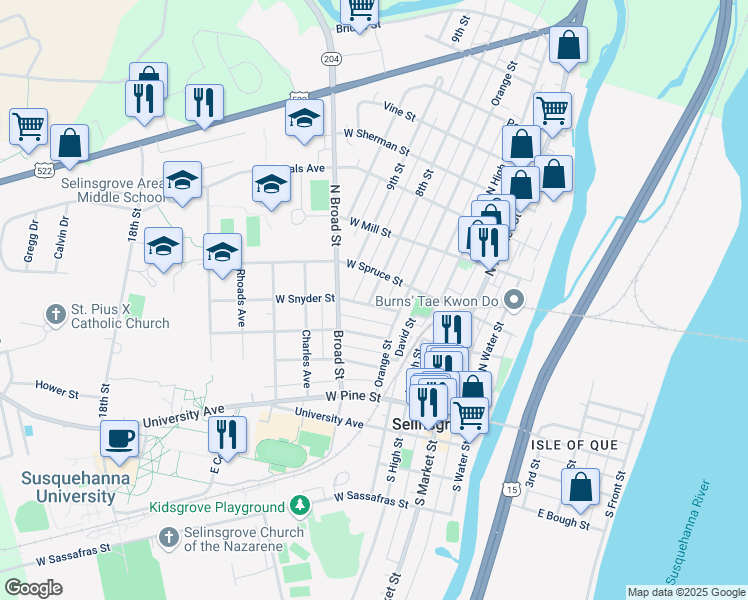 map of restaurants, bars, coffee shops, grocery stores, and more near 212 W Snyder St in Selinsgrove
