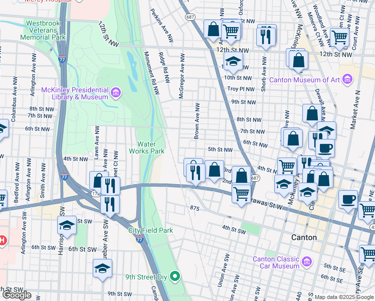 map of restaurants, bars, coffee shops, grocery stores, and more near 1316 5th Street Northwest in Canton