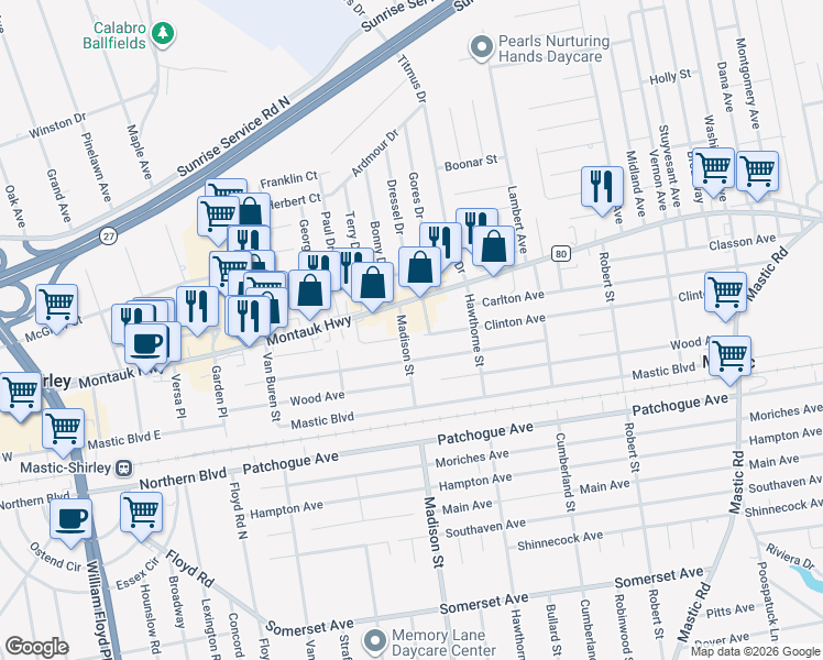map of restaurants, bars, coffee shops, grocery stores, and more near 9 Madison Street in Mastic