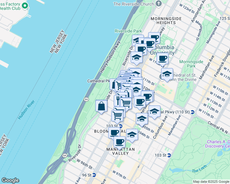 map of restaurants, bars, coffee shops, grocery stores, and more near 351 Riverside Drive in New York