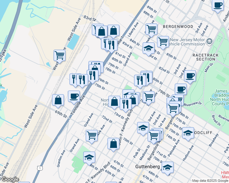 map of restaurants, bars, coffee shops, grocery stores, and more near 7502 Cottage Avenue in North Bergen