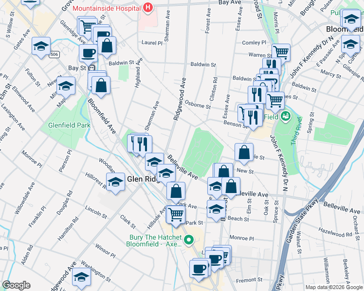 map of restaurants, bars, coffee shops, grocery stores, and more near 69 High Street in Glen Ridge