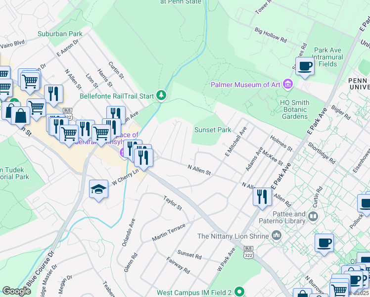 map of restaurants, bars, coffee shops, grocery stores, and more near 118 Longmeadow Lane in State College